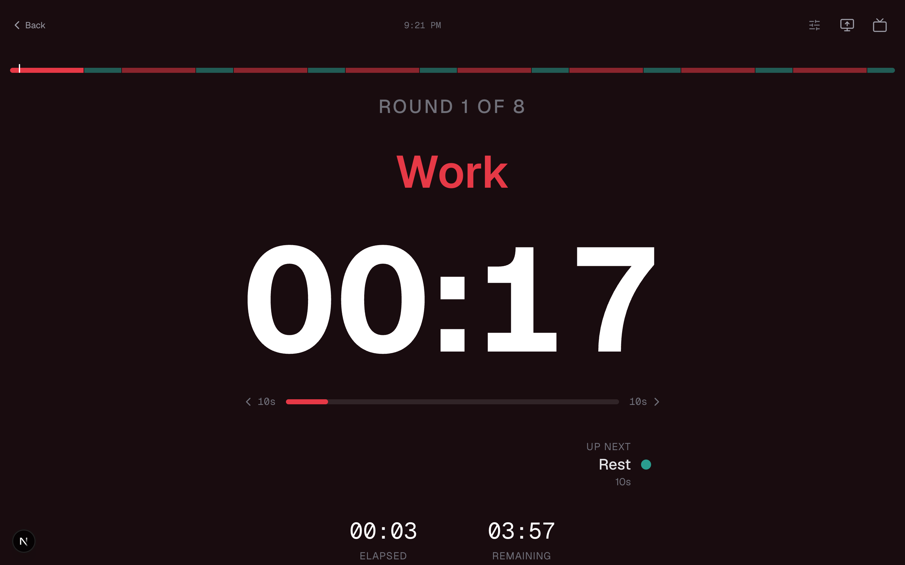 Ntrval Timer running an interval session on a full-screen display, showing Round 1 of 8, a Work phase, and a large countdown.