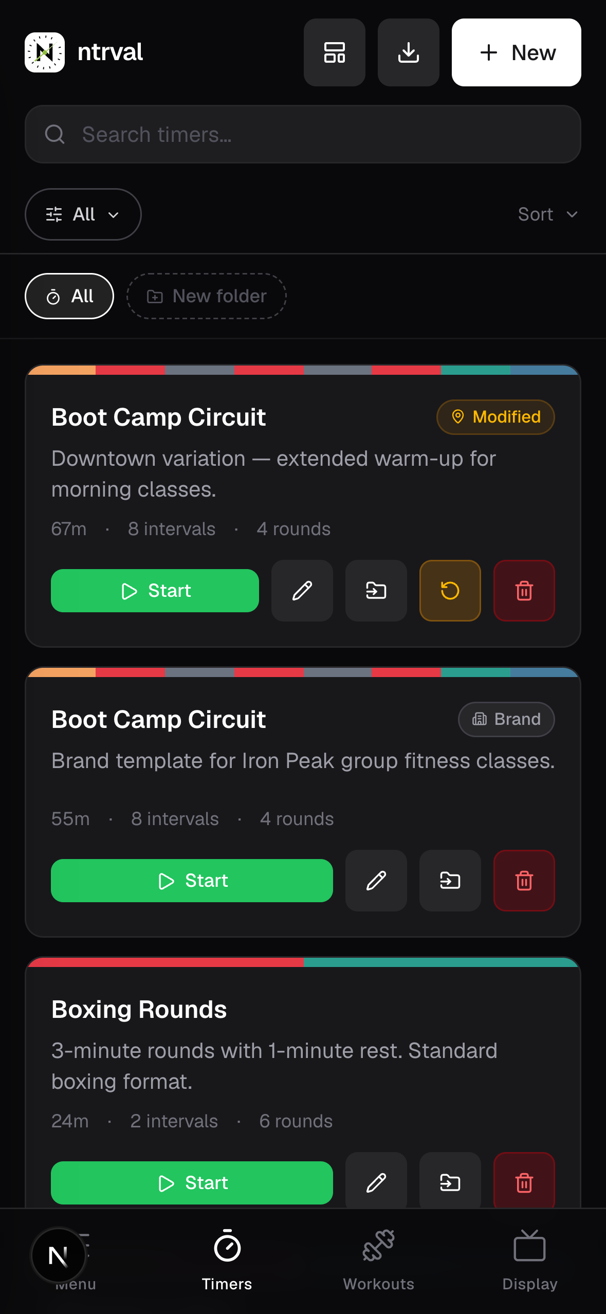 The Ntrval Timer home screen on a phone, listing saved timers with colored interval bars and start buttons.