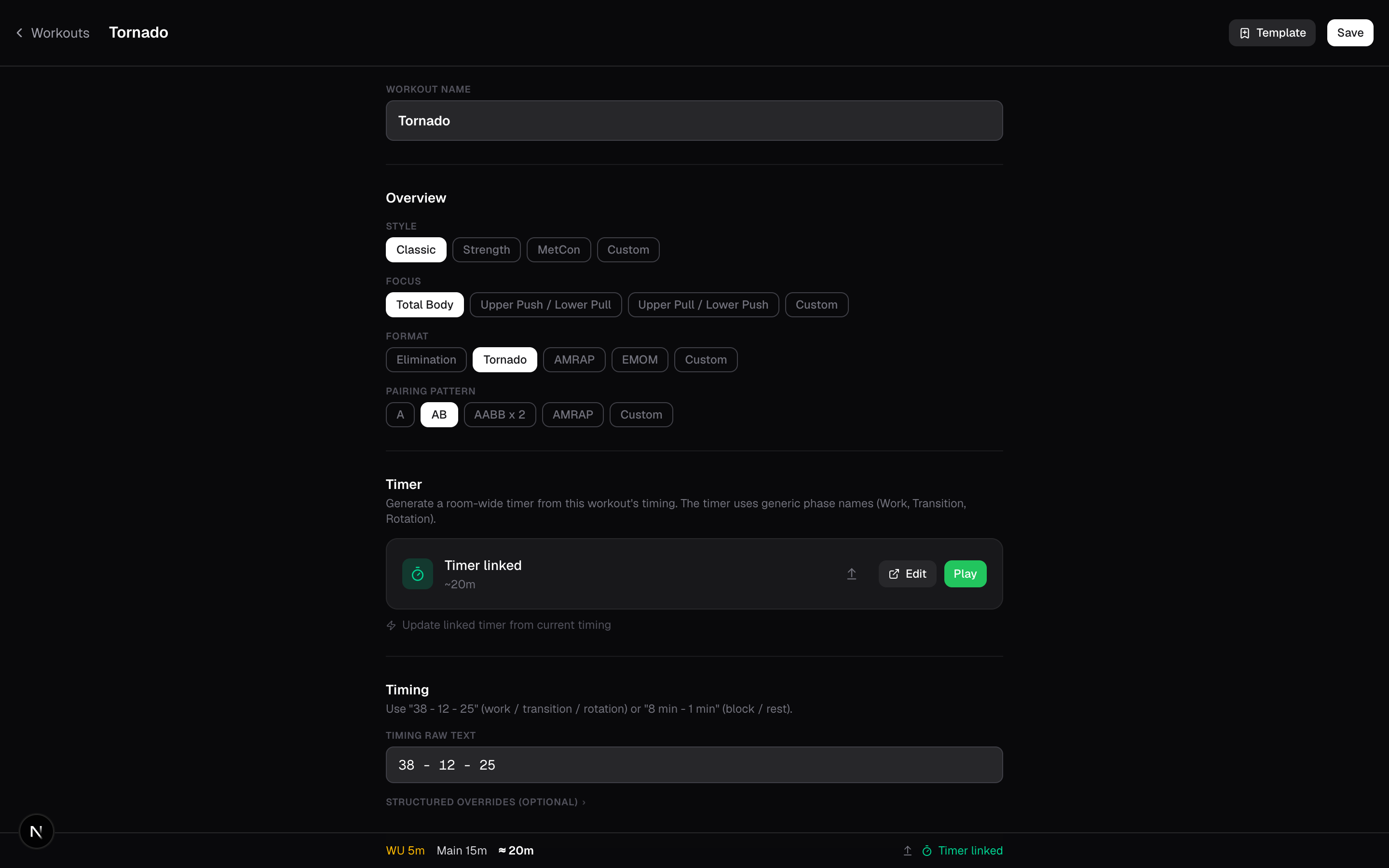 The Ntrval workout builder for a workout named Tornado, with style, focus, format, and pairing pattern options plus a linked timer.